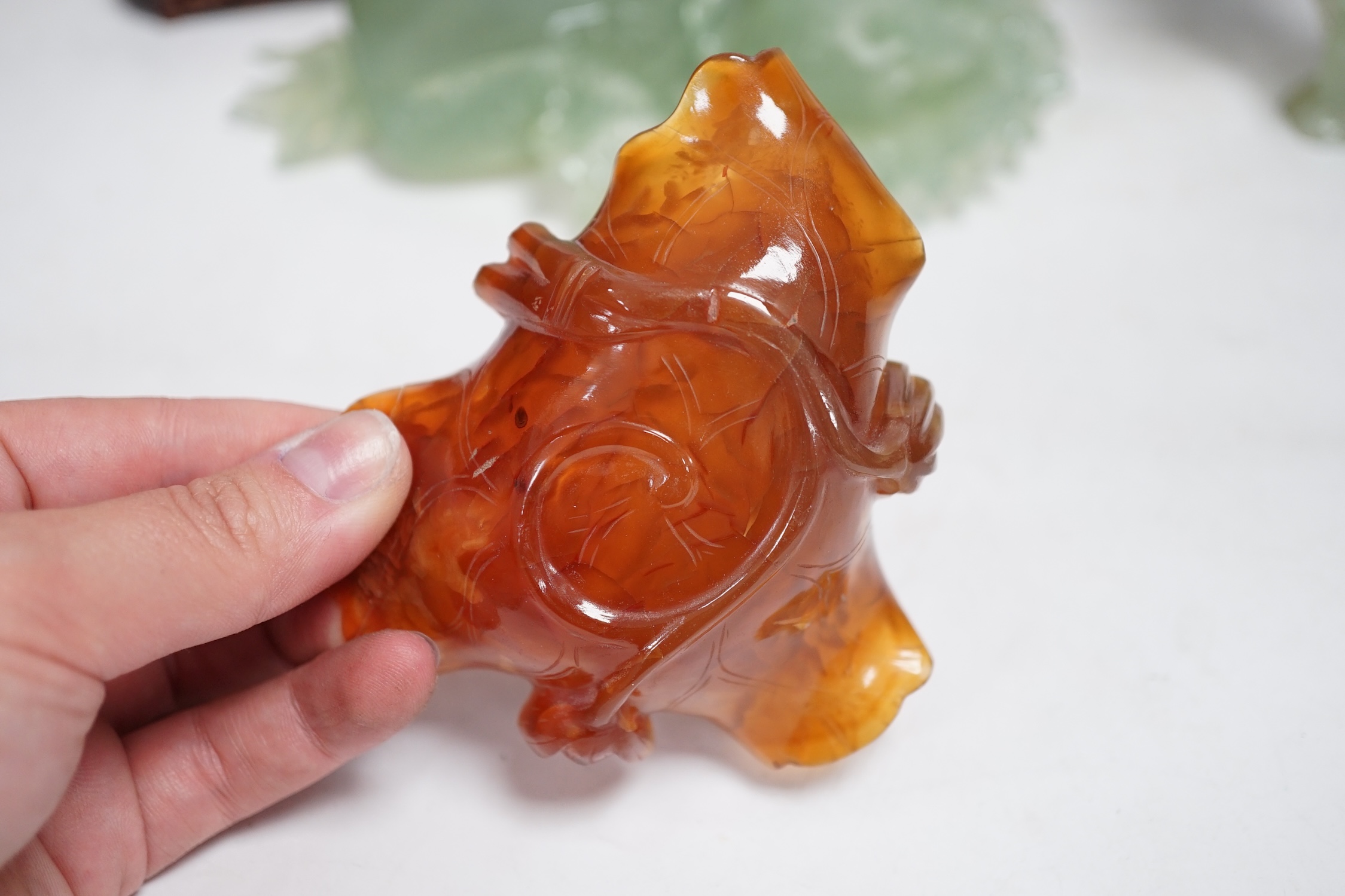 A group of five Chinese hardstone carvings, tallest 18cm. Condition - fair